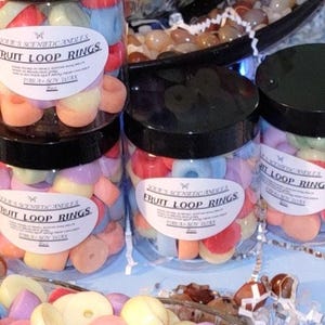 Realistic fruit loops wax melts in vibrant colors, shaped like cereal, perfect for wax warmers or candle embeds, made from soy wax.  wax warmers melts, fruit loop embeds, cereal wax melts, soy wax melts, food shaped wax, fruity loops scent