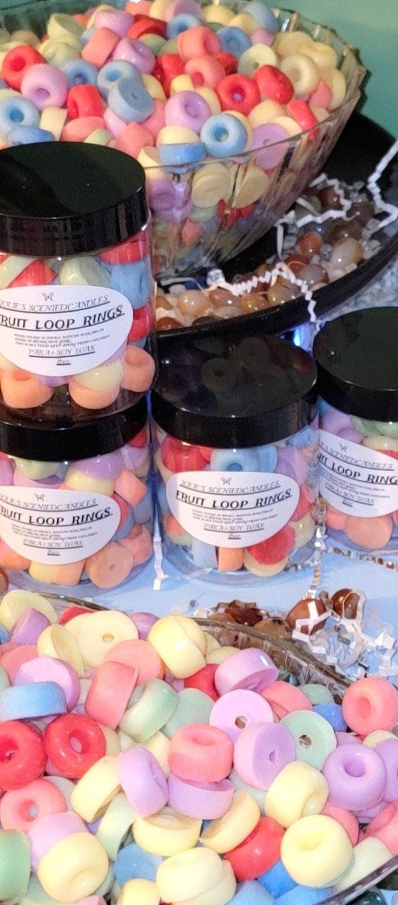 Realistic fruit loops wax melts in vibrant colors, shaped like cereal, perfect for wax warmers or candle embeds, made from soy wax.  wax warmers melts, fruit loop embeds, cereal wax melts, soy wax melts, food shaped wax, fruity loops scent