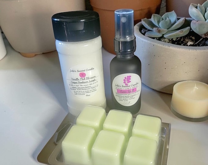 Custom Home Fragrance Trio 4oz carpet freshener. And 1oz room spray plus a surprise wax melt hand-picked. bundle.