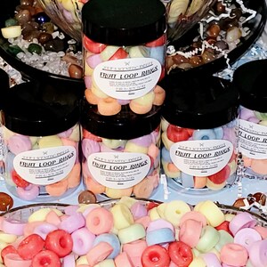Realistic fruit loops wax melts in vibrant colors, shaped like cereal, perfect for wax warmers or candle embeds, made from soy wax.  wax warmers melts, fruit loop embeds, cereal wax melts, soy wax melts, food shaped wax, fruity loops scent