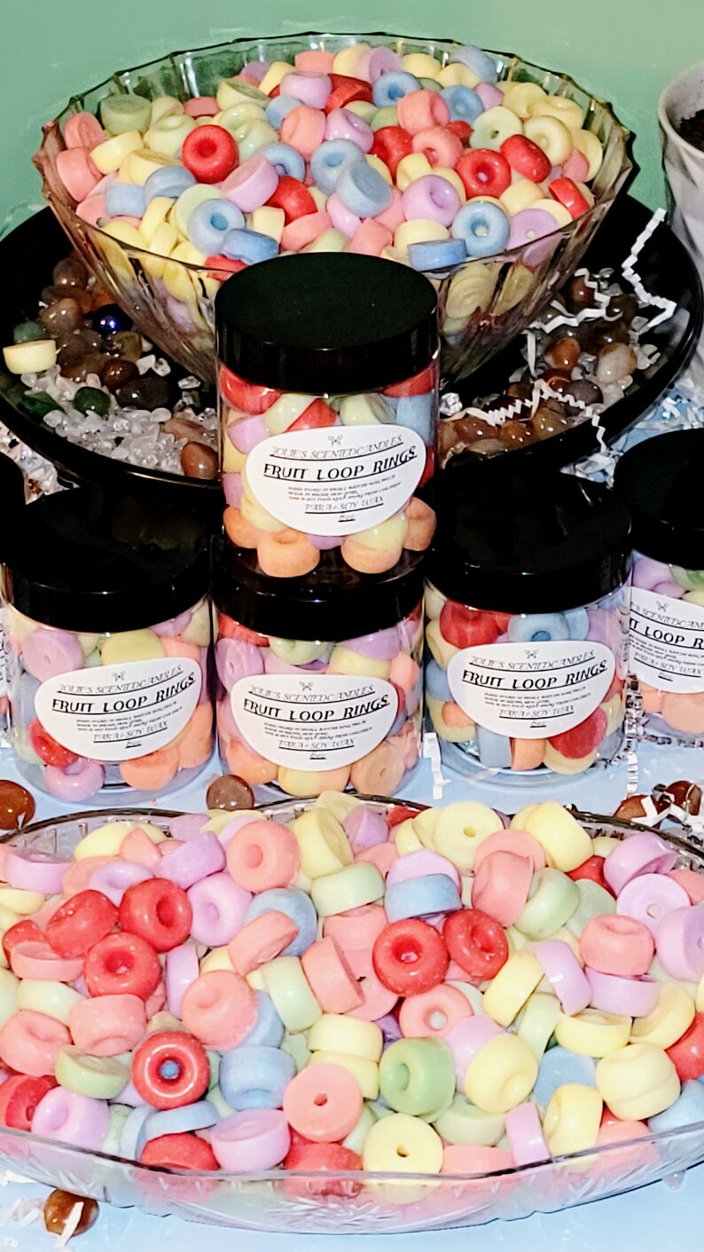 Realistic fruit loops wax melts in vibrant colors, shaped like cereal, perfect for wax warmers or candle embeds, made from soy wax.  wax warmers melts, fruit loop embeds, cereal wax melts, soy wax melts, food shaped wax, fruity loops scent