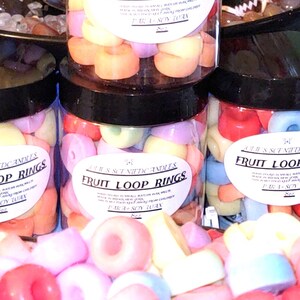 Realistic fruit loops wax melts in vibrant colors, shaped like cereal, perfect for wax warmers or candle embeds, made from soy wax.  wax warmers melts, fruit loop embeds, cereal wax melts, soy wax melts, food shaped wax, fruity loops scent