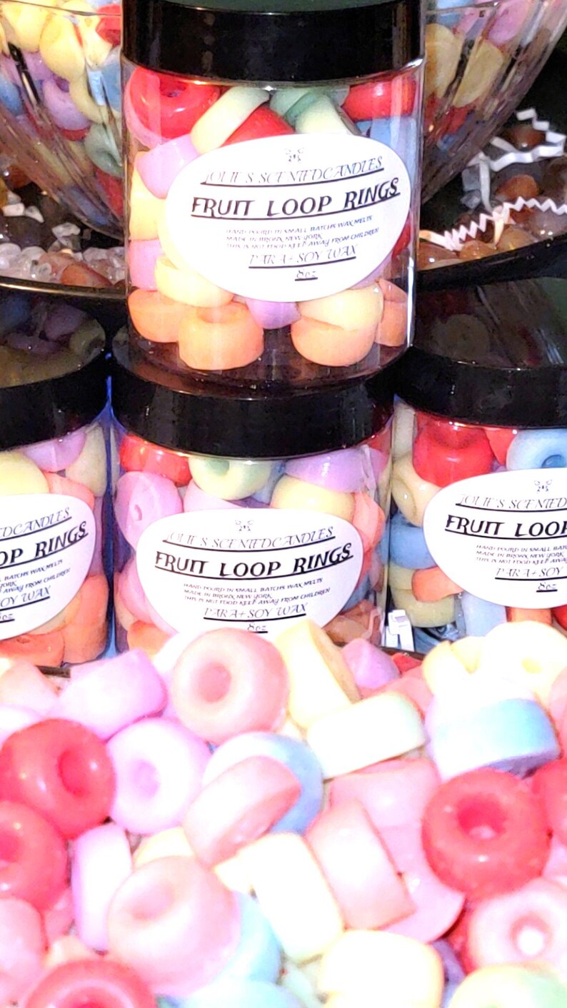 Realistic fruit loops wax melts in vibrant colors, shaped like cereal, perfect for wax warmers or candle embeds, made from soy wax.  wax warmers melts, fruit loop embeds, cereal wax melts, soy wax melts, food shaped wax, fruity loops scent