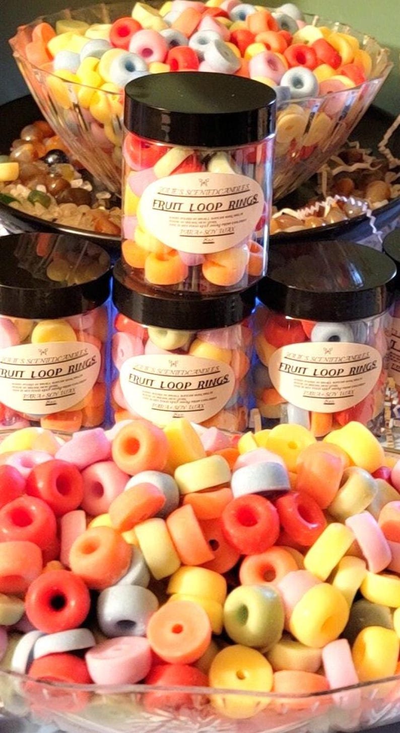 Realistic fruit loops wax melts in vibrant colors, shaped like cereal, perfect for wax warmers or candle embeds, made from soy wax.  wax warmers melts, fruit loop embeds, cereal wax melts, soy wax melts, food shaped wax, fruity loops scent