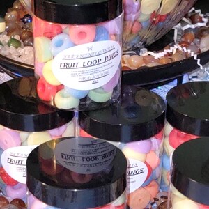 Realistic fruit loops wax melts in vibrant colors, shaped like cereal, perfect for wax warmers or candle embeds, made from soy wax.  wax warmers melts, fruit loop embeds, cereal wax melts, soy wax melts, food shaped wax, fruity loops scent