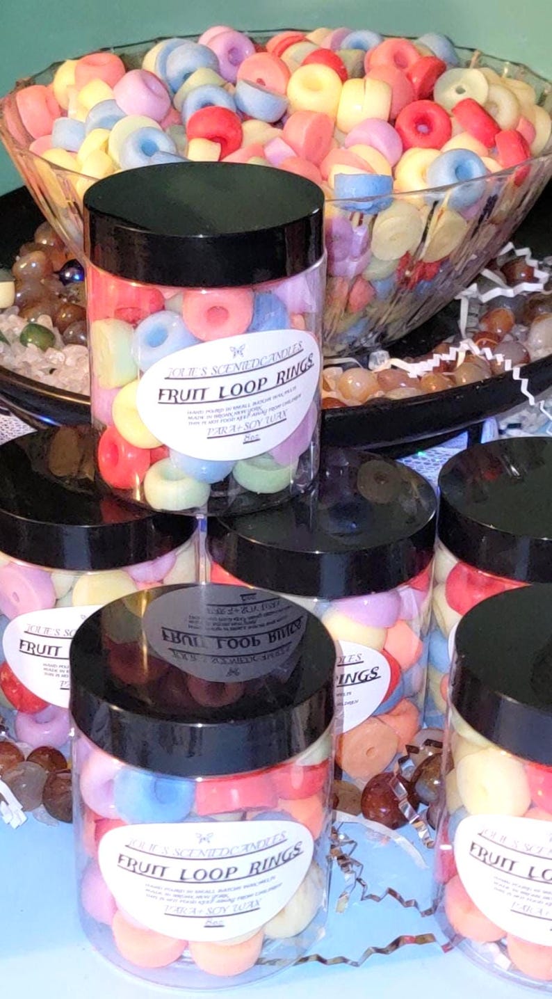 Realistic fruit loops wax melts in vibrant colors, shaped like cereal, perfect for wax warmers or candle embeds, made from soy wax.  wax warmers melts, fruit loop embeds, cereal wax melts, soy wax melts, food shaped wax, fruity loops scent