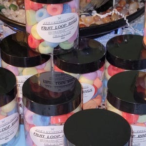 Realistic fruit loops wax melts in vibrant colors, shaped like cereal, perfect for wax warmers or candle embeds, made from soy wax.  wax warmers melts, fruit loop embeds, cereal wax melts, soy wax melts, food shaped wax, fruity loops scent