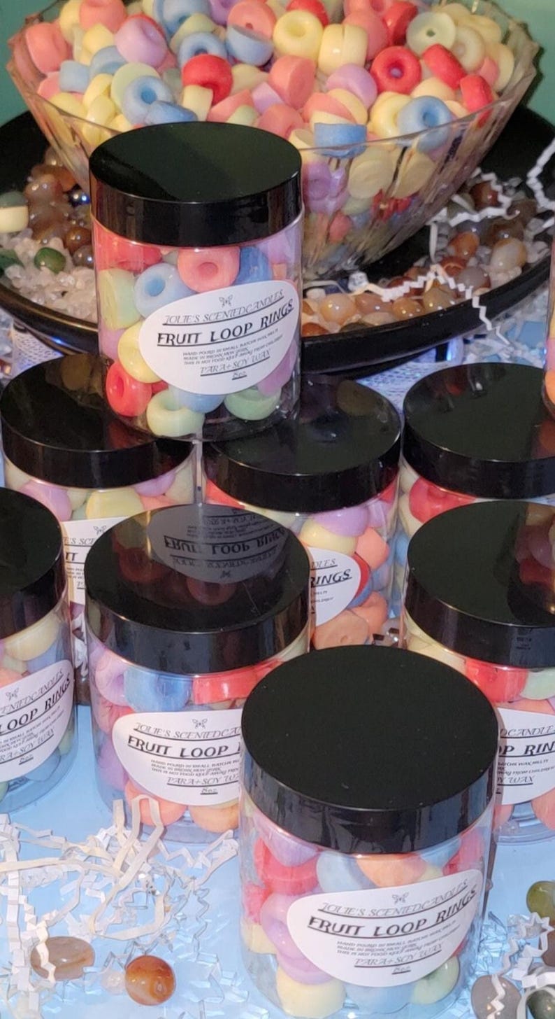 Realistic fruit loops wax melts in vibrant colors, shaped like cereal, perfect for wax warmers or candle embeds, made from soy wax.  wax warmers melts, fruit loop embeds, cereal wax melts, soy wax melts, food shaped wax, fruity loops scent