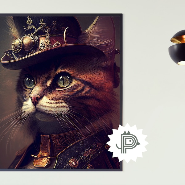 Phantasy Cat Illustration, Cute Cat Picture, Steampunk Cat Art, Victorian Animal Portrait, Home Deco Poster Art, Vintage Printables Download