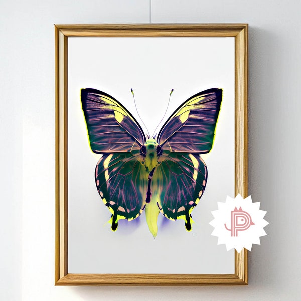 Phantasy Butterfly Illustration, Boho Modern Art, Purple Lime Wings, Wall Decor Gift, Trendy Nature Bug Insect Painting, Download Printable