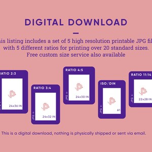 Pu&ograve; includere: Una grafica di download digitale che mostra cinque diverse dimensioni di file JPG stampabili per la stampa su oltre 20 dimensioni standard. La grafica mostra cinque diversi rapporti di aspetto: 2:3, 3:4, 4:5, 11:14 e ISO/DIN. Il testo "Questo &egrave; un download digitale, niente viene spedito fisicamente o inviato via email." si trova nella parte inferiore della grafica.