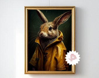 Phantasy Rabbit Illustration Animal Portrait, Yellow Raincoat Rainy Weather, Rabbit Poster, Wall Art Decor, Quirly Printable Art, Download