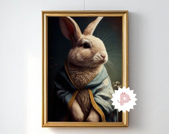 Phantasy Rabbit Illustration Animal Portrait, Hood Cape Bunny Print, Cute Clothes Rabbit Poster, Wall Art Decor, Stampabile, Download digitale