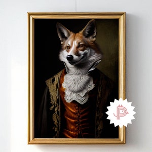 May include: A painting of a fox dressed in a gold and brown suit with a white lace collar. The fox is looking directly at the viewer with a sly smile. The painting is framed in a gold frame.