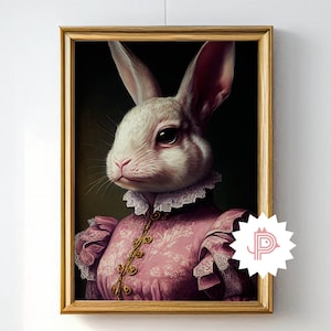 Phantasy Rabbit Illustration Animal Portrait, Pink Dress Madame Bunny, Cute Clothes Rabbit Poster, Wall Art Decor, Printable Art, Download