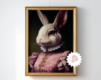 Phantasy Rabbit Illustration Animal Portrait, Pink Dress Madame Bunny, Cute Clothes Rabbit Poster, Wall Art Decor, Printable Art, Download