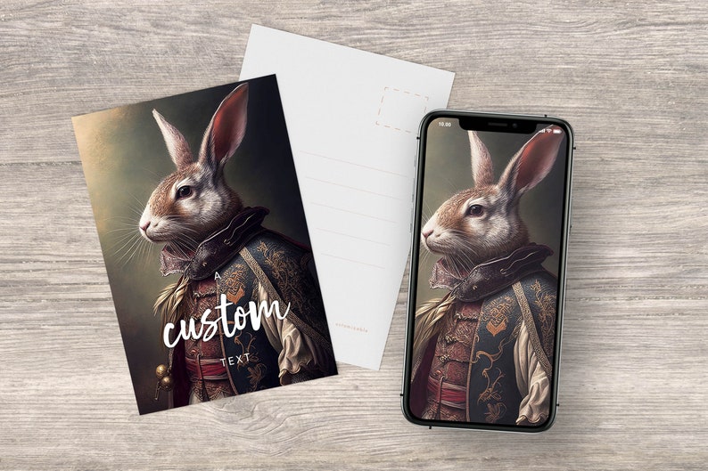 Pu&ograve; includere: Una cartolina con un dipinto digitale di un coniglio che indossa un costume dorato e blu. Il coniglio ha la pelliccia marrone e le orecchie lunghe. La cartolina ha il testo "A custom text" stampato su di essa.