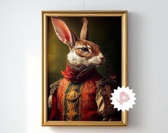 Ritratto animale di illustrazione di coniglio, nobile coniglio vittoriano, poster di coniglio da caccia reale, decorazione d'arte da parete, arte stampabile vintage, download