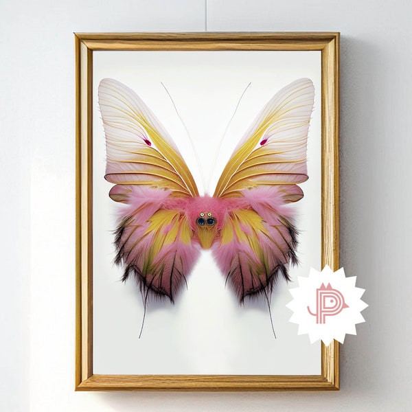 Phantasy Butterfly Illustration, Boho Modern Art, Rose Feather Wings, Wall Decor Gift, Trendy Nature Bug Insect Painting, Download Printable