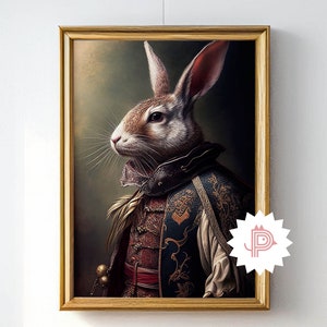 Rabbit Illustration Animal Portrait, Noble English Rabbit Art, Royal Hunting Rabbit Poster, Wall Art Decor, Vintage Printable Art, Download
