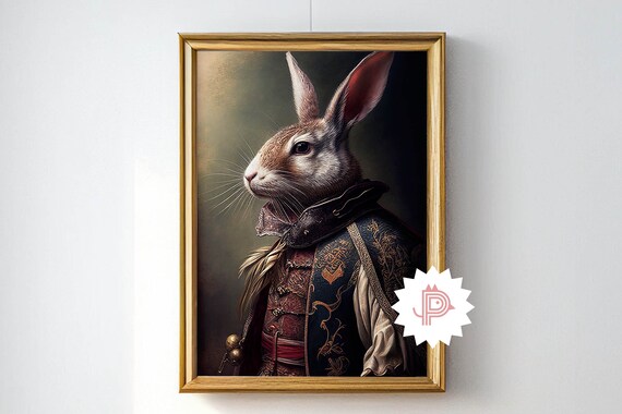 Rabbit Illustration Animal Portrait, Noble English Rabbit Art, Royal Hunting Rabbit Poster, Wall Art Decor, Vintage Printable Art, Download