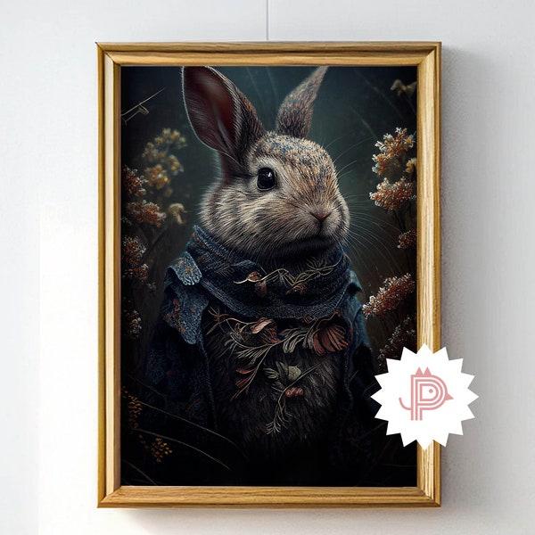 Phantasy Rabbit Illustration Animal Portrait, Romantic Gentleman Bunny, Cute Clothes Rabbit Poster, Wall Art Decor, Printable Art, Download