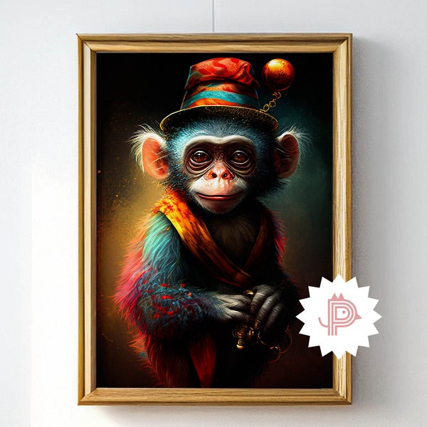 Phantasy Monkey Illustration, Monkey Clown Print, Monkey Circus Animal Portrait, Fun Quirky Art Poster, Home Decor Vintage Printable Art