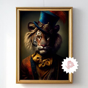 Fantasy Circus Animal Illustration, Tiger Director Art Print, Mystic Vintage Cirque, Quirky Pet Portrait, Trendy Poster, Vintage Printables