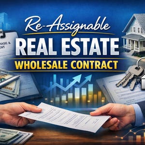 May include: A promotional image for real estate featuring a house, keys, and contract documents. The words "Re-Assignable Real Estate Wholesale Contract" are prominently displayed. Hands are shown exchanging documents, with money and a pen visible.