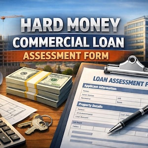 Può includere: Immagine di un modulo di valutazione del prestito con una penna, pile di banconote da cento dollari, chiavi e una calcolatrice. Le parole "HARD MONEY COMMERCIAL LOAN ASSESSMENT FORM" sono visualizzate in alto. Un cantiere e degli edifici sullo sfondo.