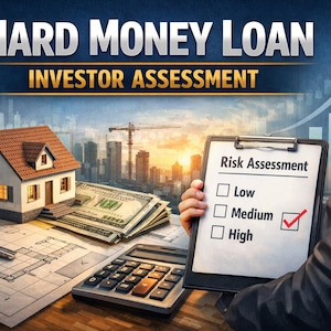 May include: An image promoting hard money loans and investor assessment. It features a house, money, keys, and a risk assessment checklist marked "Medium." The background includes a city skyline and an upward-trending graph.