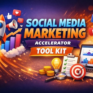 Może przedstawiać: Żywa grafika promująca marketing w mediach społecznościowych. Rakieta startuje, w towarzystwie wykresów, ikon mediów społecznościowych, laptopa wyświetlającego dane oraz tekstu "SOCIAL MEDIA MARKETING ACCELERATOR TOOL KIT."