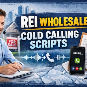 Op de afbeelding: Afbeelding die REI Wholesale Cold Calling Scripts promoot. Een man met een headset glimlacht terwijl hij schrijft. Een smartphone toont "Dialing..." en een groene belknop. Een klembord met notities en een pen zijn ook zichtbaar.