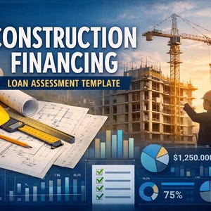 Può includere: Immagine che promuove il finanziamento edilizio. Presenta un cantiere con una gru, progetti, un casco giallo e grafici finanziari. Il testo recita "Construction Financing Loan Assessment Template."