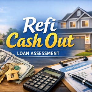Può includere: Immagine che promuove la rifinanziamento della casa con il testo "Refi Cash Out Loan Assessment". Presenta una casa, contanti, chiavi, una calcolatrice, una penna e monete. Lo sfondo mostra un cielo blu e alberi.