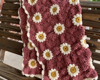 Handmade Daisy Granny Square Baby Blanket | Mauve Boho Nursery Decor