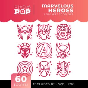Conjunto de iconos de arte lineal de Marvelous Heroes • Paquete SVG PNG