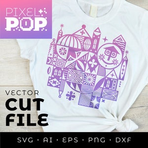 May include: A white t-shirt with a purple and white geometric design of a castle. The design is made up of various shapes and patterns, including stars, circles, and squares. The text "PIXEL POP" is in the top left corner of the image. The text "VECTOR CUT FILE SVG AI EPS PNG DXF" is at the bottom of the image.