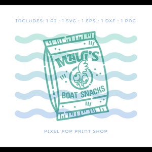 May include: A teal blue and white illustration of a bag of Maui's Boat Snacks. The bag has a cartoon rooster with a single eye on it. The text "Maui's Boat Snacks" is on the bag.