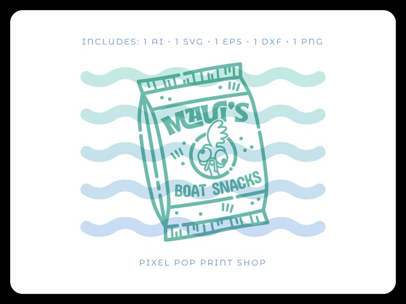 May include: A teal blue and white illustration of a bag of Maui's Boat Snacks. The bag has a cartoon rooster with a single eye on it. The text "Maui's Boat Snacks" is on the bag.