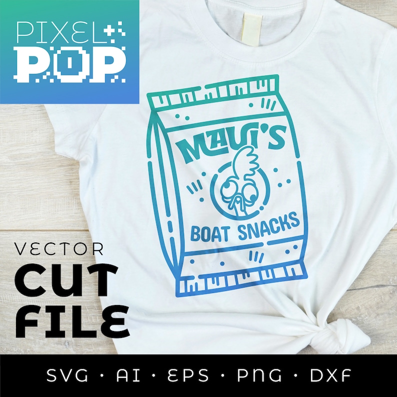 May include: A blue and green graphic design of a bag of "Maui's Boat Snacks" with a cartoon chicken on the front.