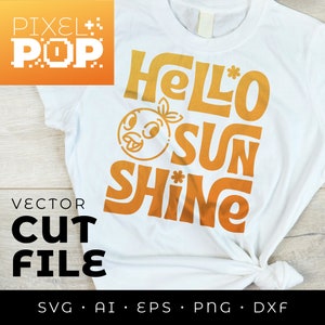 Pode incluir: Uma camiseta branca com um design gráfico amarelo e laranja que diz "Hello Sunshine" com uma laranja de desenho animado com um rosto no meio do design.