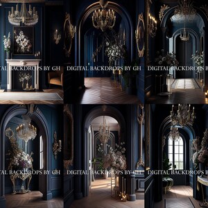 May include: A digital backdrop featuring a hallway with a dark blue wall, gold trim, and a chandelier. The hallway has a decorative fireplace, a floral arrangement, and a window. The text "DIGITAL BACKDROPS BY GH" is visible at the bottom of the image.