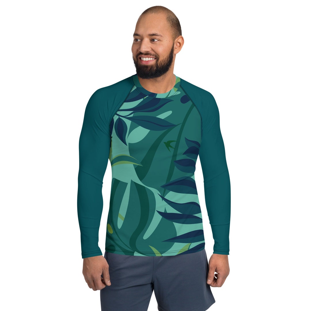 Blue & Green Sea Foliage Men's Rash Guard Rash Vest Rashie Long Sleeved ...