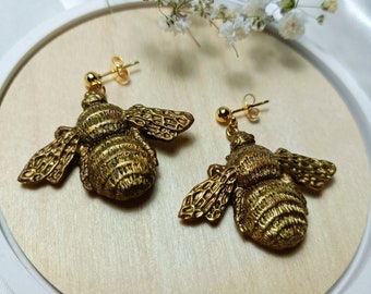 Gold bee earrings/ Handmade polymer clay earrings