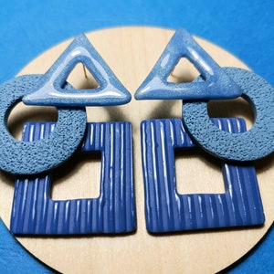 Geometric shape statement earrings/ Handmade blue color jewelry / Fun lightweight accessory / Long Triangle Circle Square earring /Gift idea