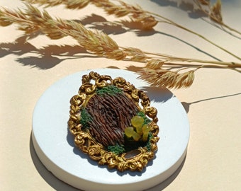 Whimsical wood and gold frame brooch/ Handmade with polymer clay