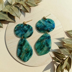 Handmade Polymer Clay Dangle Earrings: Faux Turquoise with Gold Flakes
