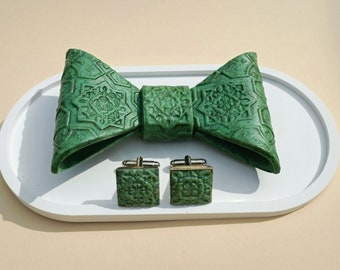 Ornamental bow tie and matching cuff link set/ Handmade from polymer clay