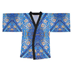 May include: A blue and gold patterned kimono with a black trim. The kimono has a traditional Japanese design with floral motifs.
